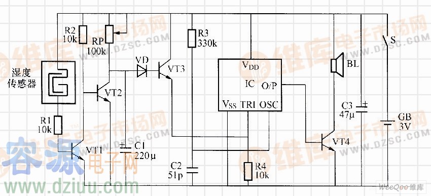 由HFC5221構(gòu)成的嬰幼兒尿床提醒電路