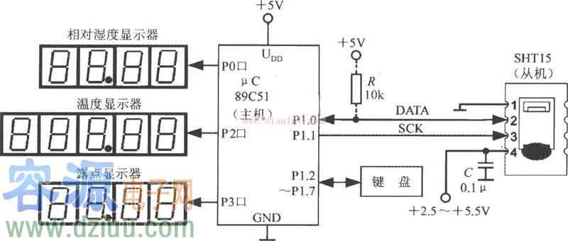 以SHT15與89C51構成的測試相對濕度系統的<a href=http://www.mnu8.com/dianlutu/ target=_blank class=infotextkey>電路圖</a>