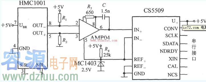 HMC1001單軸磁場傳感器應用電路