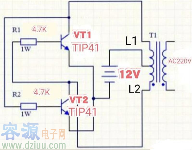 兩個三極管構成的<a href=http://www.mnu8.com/nbq/ target=_blank class=infotextkey>逆變器電路圖</a>